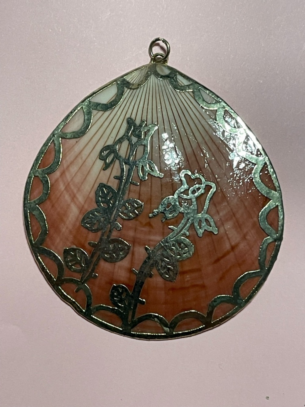 Gold Trimmed Rose Scallop 2.5" Sea Shell Pendant